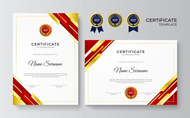 Diseño moderno de plantilla de certificado rojo y dorado para negocios y premio por logros con insignia de oro