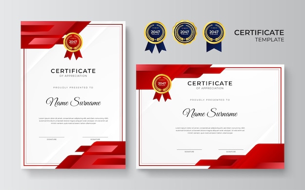 Diseño moderno de plantilla de certificado rojo y dorado para negocios y premio por logros con insignia de oro