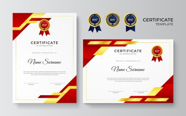 Diseño moderno de plantilla de certificado rojo y dorado para negocios y premio por logros con insignia de oro
