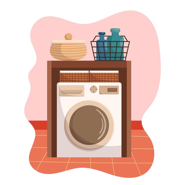 Diseño moderno de sala de lavandería con detergentes para lavadora en el hogar o apartamento del hotel del equipo de la cesta