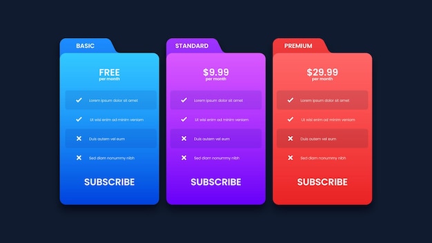 Diseño moderno de tabla de precios con tres planes de suscripción.