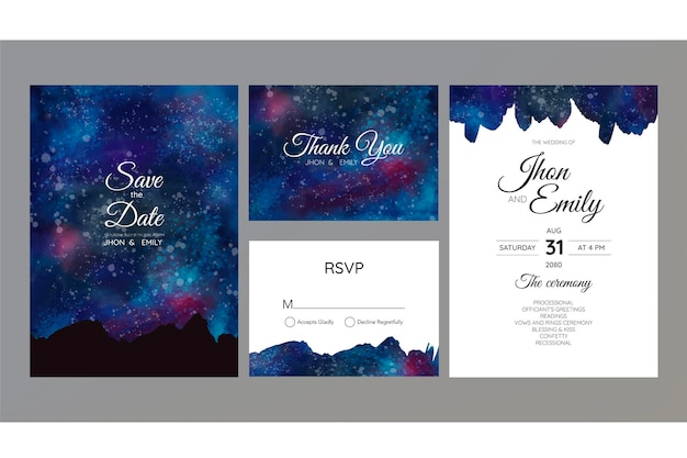 Diseño moderno de tarjeta de invitación de boda con poca luz de estrella en el espacio del cielo