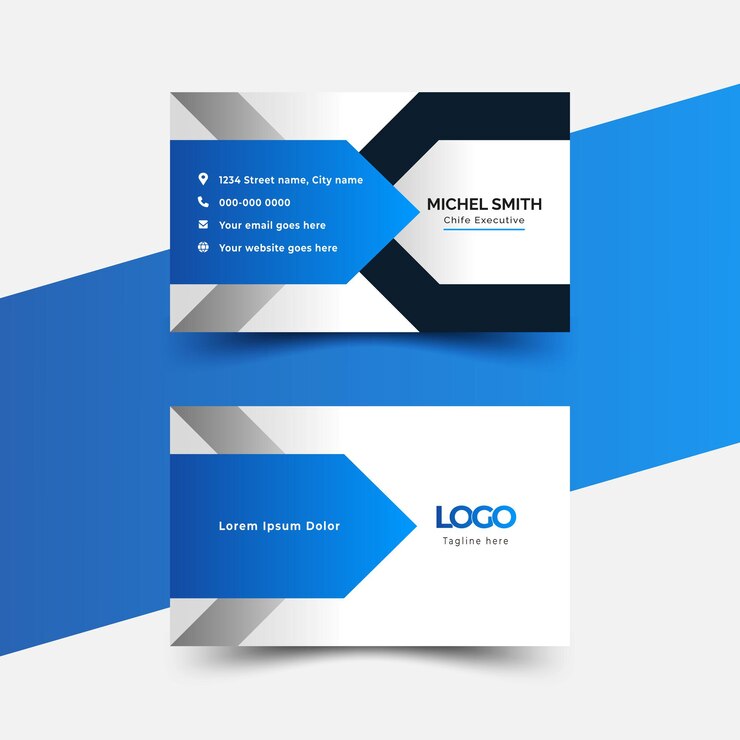 Diseño moderno de tarjetas de visita en color azul, blanco y negro.