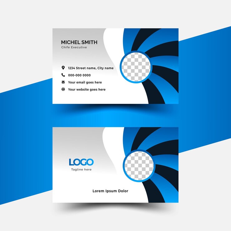 Diseño moderno de tarjetas de visita en color azul, blanco y negro.
