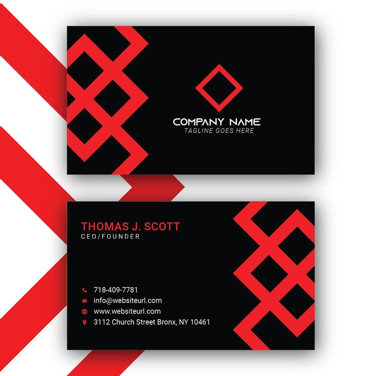 Diseño moderno de tarjetas de visita en negro y rojo.
