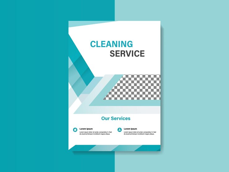 Diseño moderno de volante de servicio de limpieza de azul azul y blanco