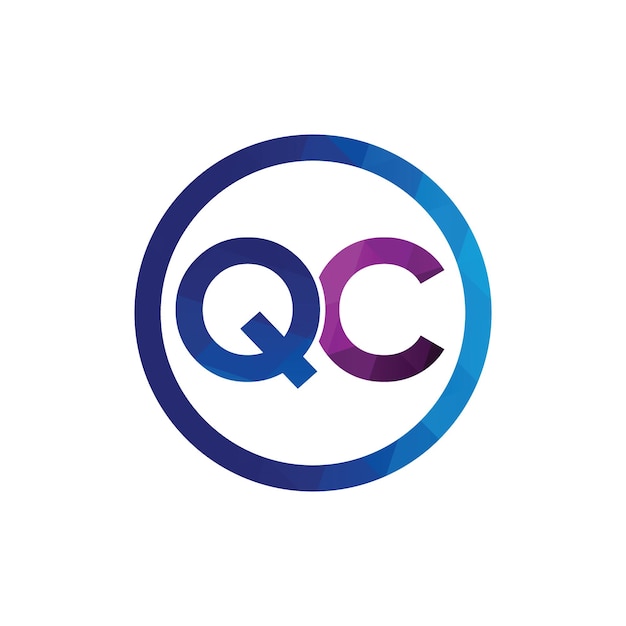 Diseño de monograma de letras QC poligonal con eps vectorial de forma de círculo de color azul y rojo.