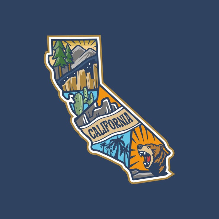 Vector diseño de monolina al aire libre con mapa de california etiquetas tropicales ilustración vectorial del logotipo de california