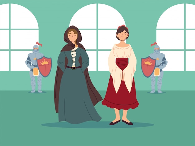 Vector diseño de mujeres medievales con vestidos y caballeros del reino y cuento de hadas