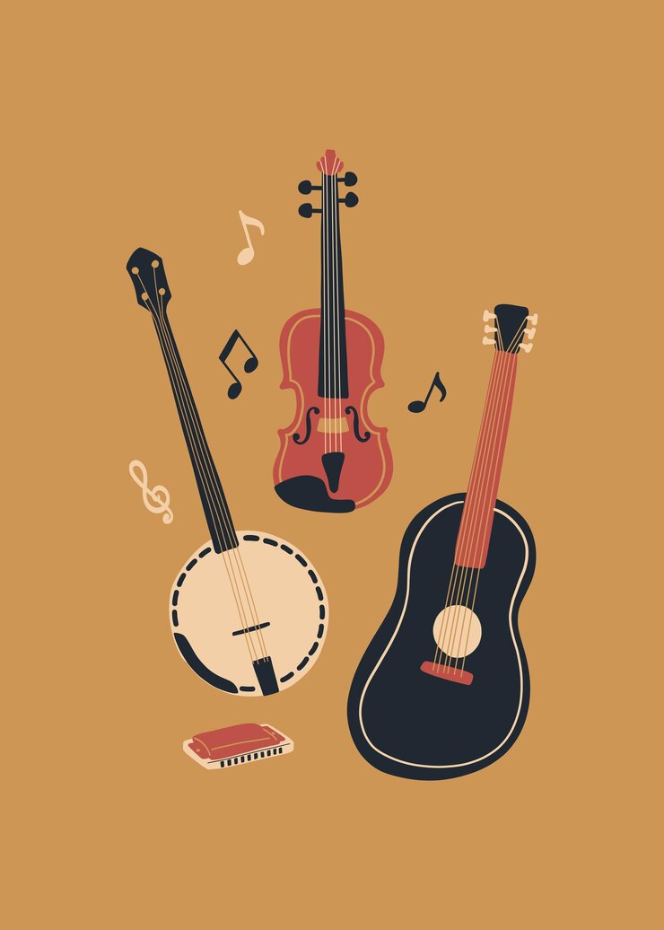 Vector diseño de música vectorial con notas de violín de guitarra acústica banjo y armónica