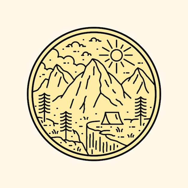 Diseño de naturaleza para acampar, montañas, acantilados en arte de línea mono, diseño de placa de parche, diseño de emblema, diseño de camisetas