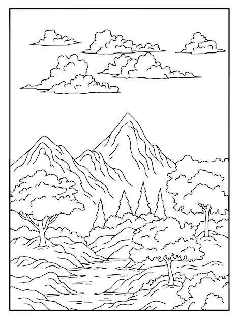 Diseño Naturaleza Paisaje Contorno Página Para Colorear
