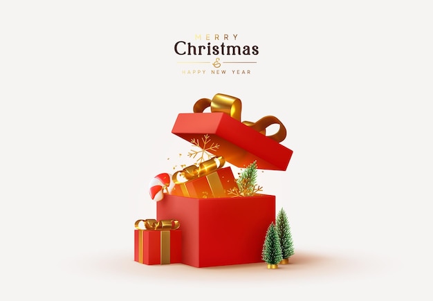 Diseño de Navidad y Año Nuevo. Cajas de regalos rojas realistas. Caja de regalo abierta llena de objetos festivos decorativos. Banner de vacaciones, afiche web, volante, folleto elegante, tarjeta de felicitación, portada. fondo de navidad