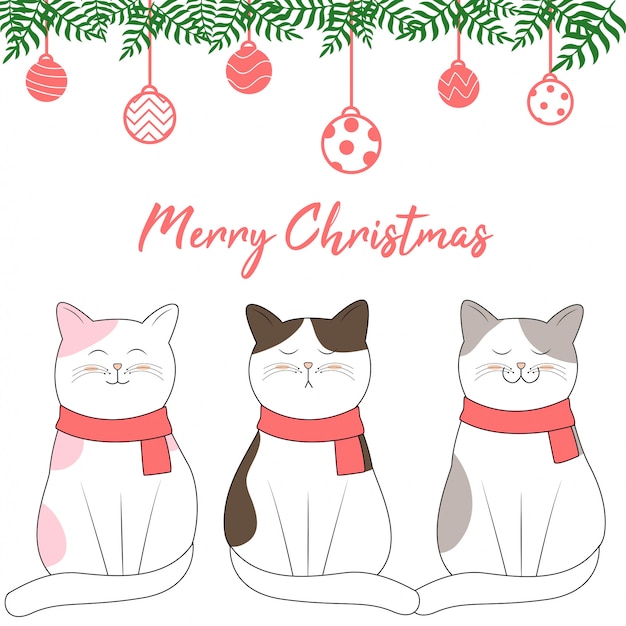 Diseño de navidad con estilo de dibujos animados lindo gato dibujado a mano