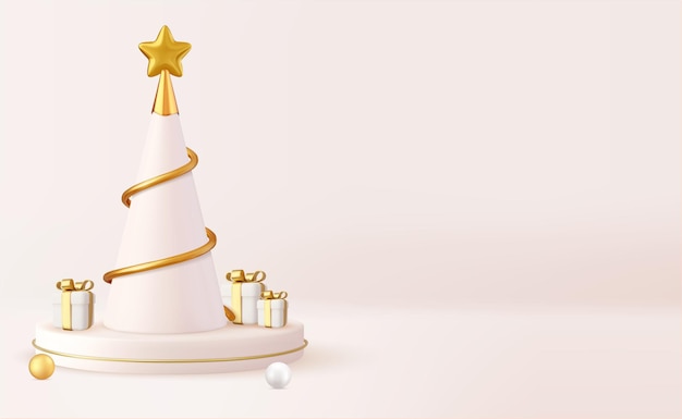 Diseño navideño en 3d, árbol espiral de cono metálico dorado con cajas de regalo y podio, fondo de Navidad y año nuevo, representación 3d, ilustración vectorial