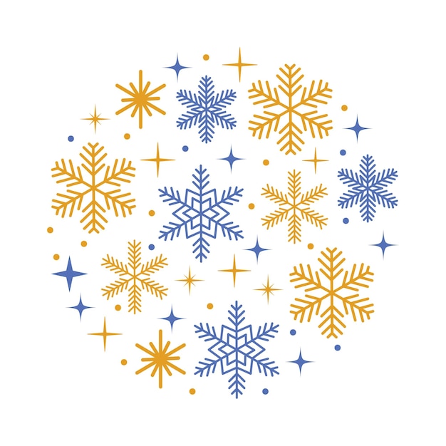diseño navideño con una composición circular de copos de nieve y estrellas en estilo de dibujos animados planos