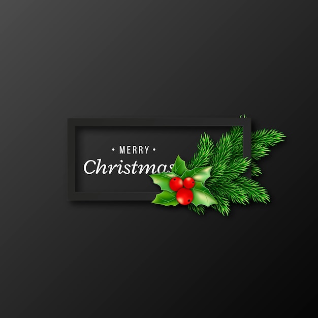 Diseño navideño, marco negro realista y texto con sombra, decoración de ramas de abeto de año nuevo con acebo. Fondo de color negro.