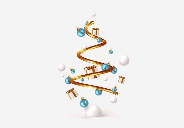 Diseño navideño mínimo abstracto, árbol espiral de cono metálico dorado, con bolas redondas de bolas navideñas realistas. Objetos 3D decorativos de Navidad. Fondo de Navidad y año nuevo. ilustración vectorial