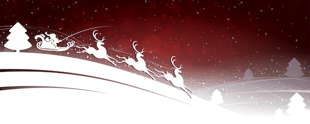 Diseño navideño en tono rojo con Papá Noel sobre ciervo con árboles de Navidad y copos de nieve