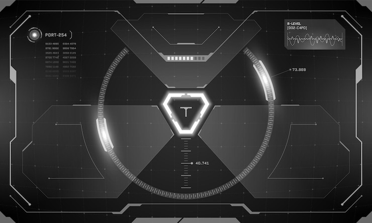 Diseño negro de la pantalla del panel de control del cyberpunk de la interfaz futurista de VR HUD. Pantalla de visualización frontal de tecnología de simulación de objetivos de realidad virtual de ciencia ficción. Panel de vector brillante digital GUI UI de alta tecnología