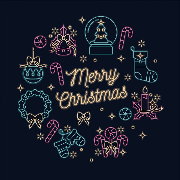 Diseño de neón lineal Tarjeta de saludos de Navidad sobre fondo oscuro. Tipografía e iconos para el fondo de Navidad, pancartas o carteles y otros imprimibles.