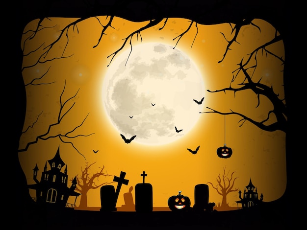 Diseño de la noche de Halloween con casa fantasma y calabazas ilustración vectorial