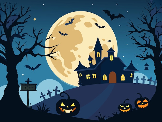 Diseño de la noche de Halloween con linternas festivas en la noche calabazas de luna y murciélagos volando