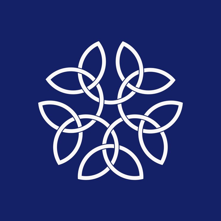 Diseño de nudo celta líneas entrelazadas patrón decorativo de bucle interminable blanco sobre fondo azul oscuro