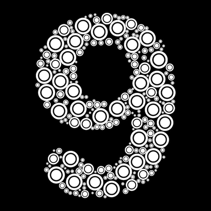 Vector diseño número 9 con formas geométricas redondas.