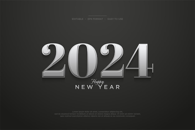 Diseño de número clásico 2024 Color metálico plateado para el diseño de celebración de feliz año nuevo 2024 Vector premium sobre fondo negro