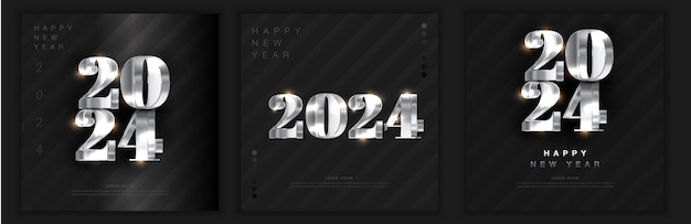 Diseño de números de feliz año nuevo 2024 Con lujosos brillos metálicos de plata brillante Número 2024 3d