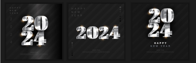 Vector diseño de números de feliz año nuevo 2024 con lujosos brillos metálicos de plata brillante número 2024 3d