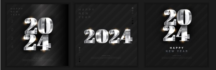 Diseño de números de feliz año nuevo 2024 Con lujosos brillos metálicos de plata brillante Número 2024 3d