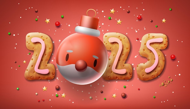 Diseño de números de Feliz Navidad hecho con galletas de pan de jengibre y cara de Santa x vector de bola de Navidad