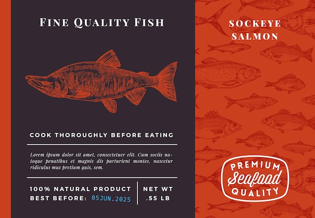 Diseño o etiqueta de empaquetado del vector abstracto del salmón rojo del océano de calidad superior. Tipografía moderna y diseño de mariscos de fondo de patrón de pescado de boceto dibujado a mano