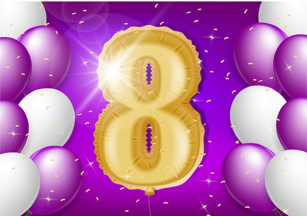 Diseño del octavo aniversario con globos y confeti brillante. vector 3d realista