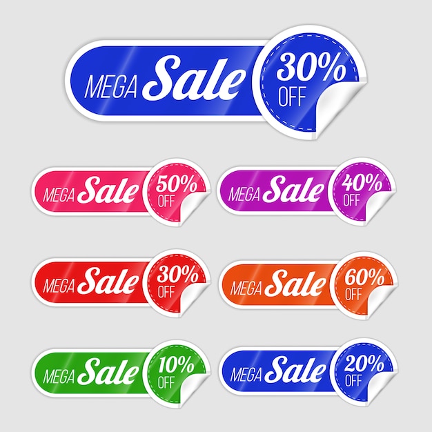 diseño de oferta de descuento de venta de pegatinas, juego de colores brillantes con efecto de papel multicolor