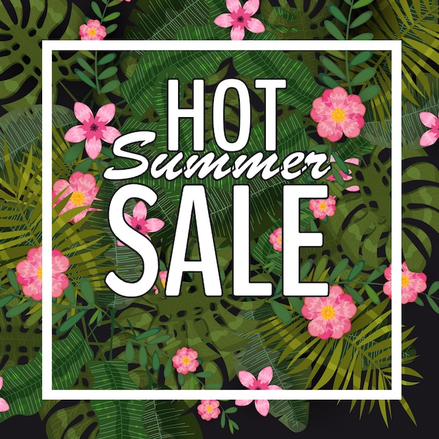 Diseño de una oferta de venta caliente de verano de banner para promoción con plantas tropicales de verano