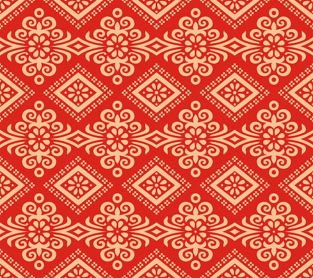 Diseño de ornamentos tradicionales indonesios de tejido de songket en rojo y oro
