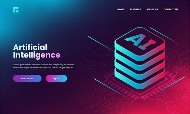 Diseño de página de aterrizaje basado en el concepto de Inteligencia Artificial (AI) con servidor web 3D AI en el fondo del circuito digital