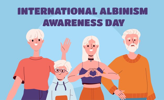 Diseño de la página de aterrizaje del cartel del Día Internacional de la Concienciación sobre el Albinismo hombres y mujeres con cabello claro y