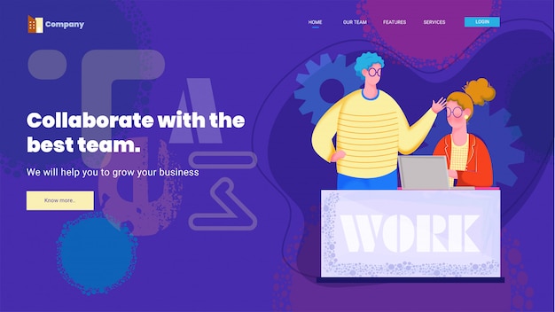 Vector el diseño de la página de aterrizaje con el hombre discute de la mujer que trabaja en la computadora portátil en púrpura