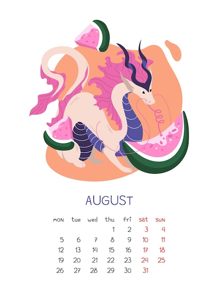 Vector diseño de página de calendario con dragón chino y rebanadas de ilustración vectorial de sandía aislada