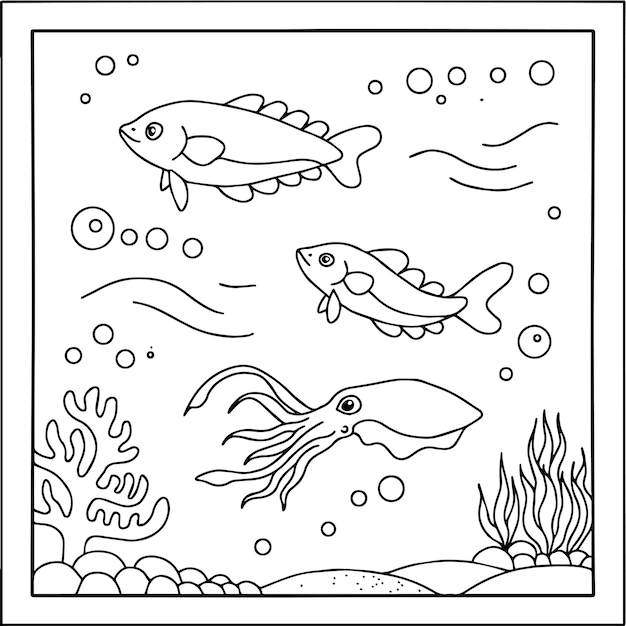 Diseño de página para colorear de contorno de peces acuáticos para niños