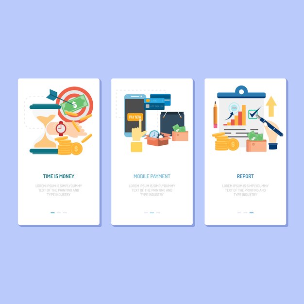 Diseño de la página de destino: el tiempo es dinero, pago móvil e informe
