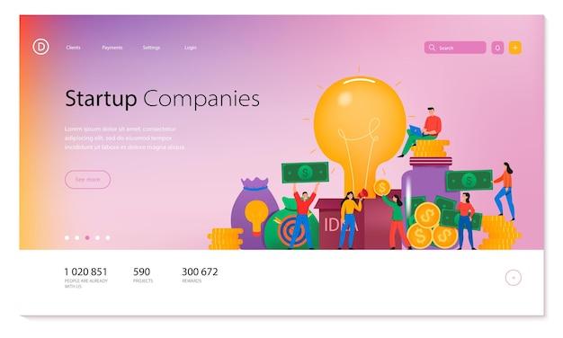 Diseño de página de empresas de nueva creación con página de inicio de crowdfunding