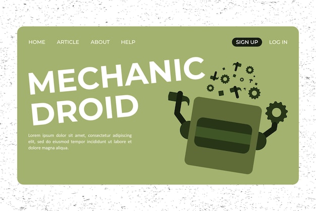 Diseño de página de inicio con ilustración de robot mecánico en color verde para plantilla de sitio web