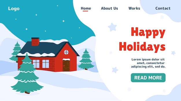 Diseño de página de inicio de Navidad cartel de felices fiestas hogar cerca de árboles y ventisqueros temporada de invierno