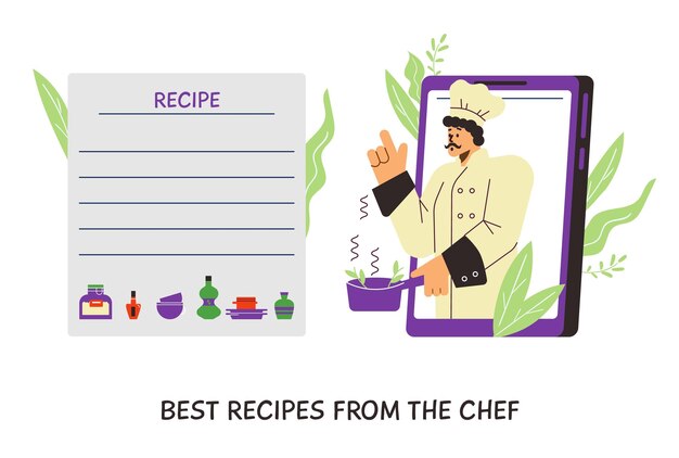 Vector diseño de página de recetas con ilustración de vector plano de personaje de chef cocinero aislado