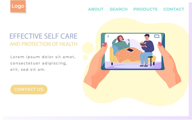 Diseño de página del sitio web de Internet Guy le da fruta fresca a una niña enferma Cuidado personal y protección de la salud efectivos Diseño de la página de inicio de la aplicación Mujer tomando medicamentos Prevención de la propagación de covid19